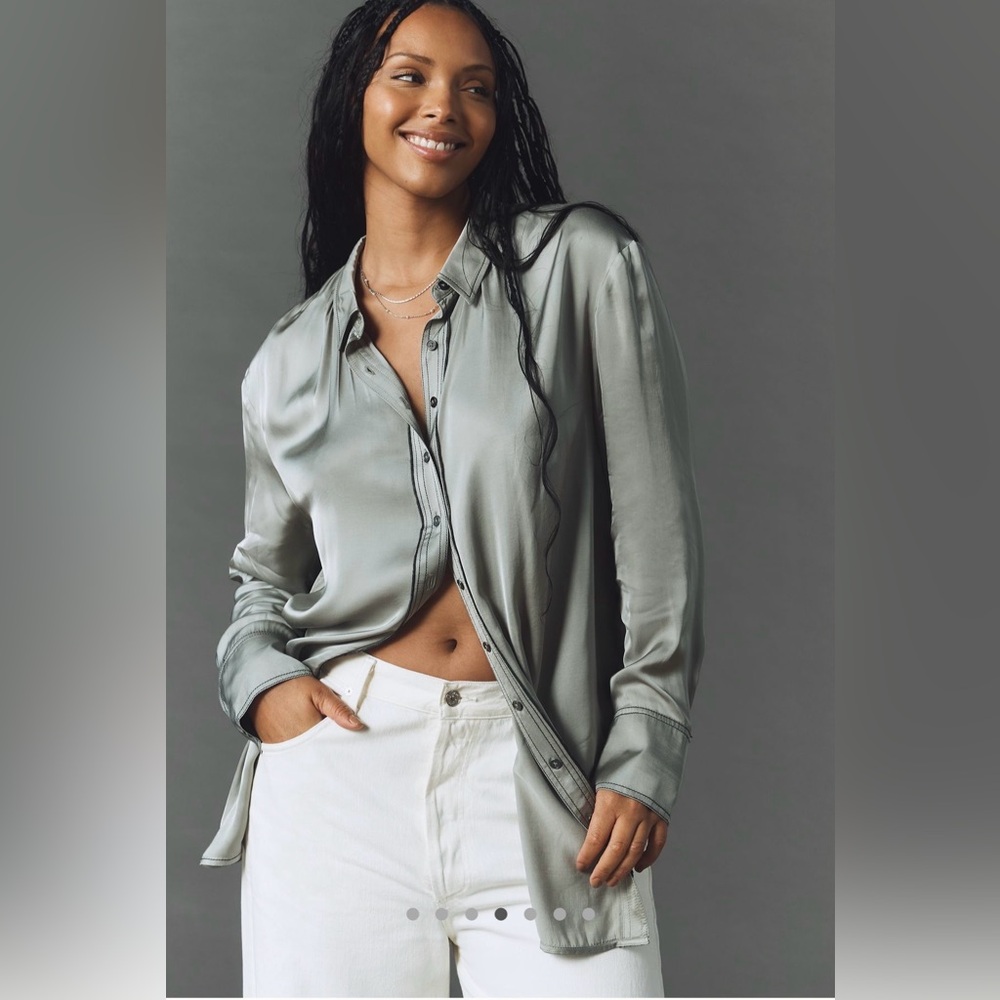 Pilcro Longline Silky Buttondown Shirt Grey vetiver Anthropologie NWT Size S